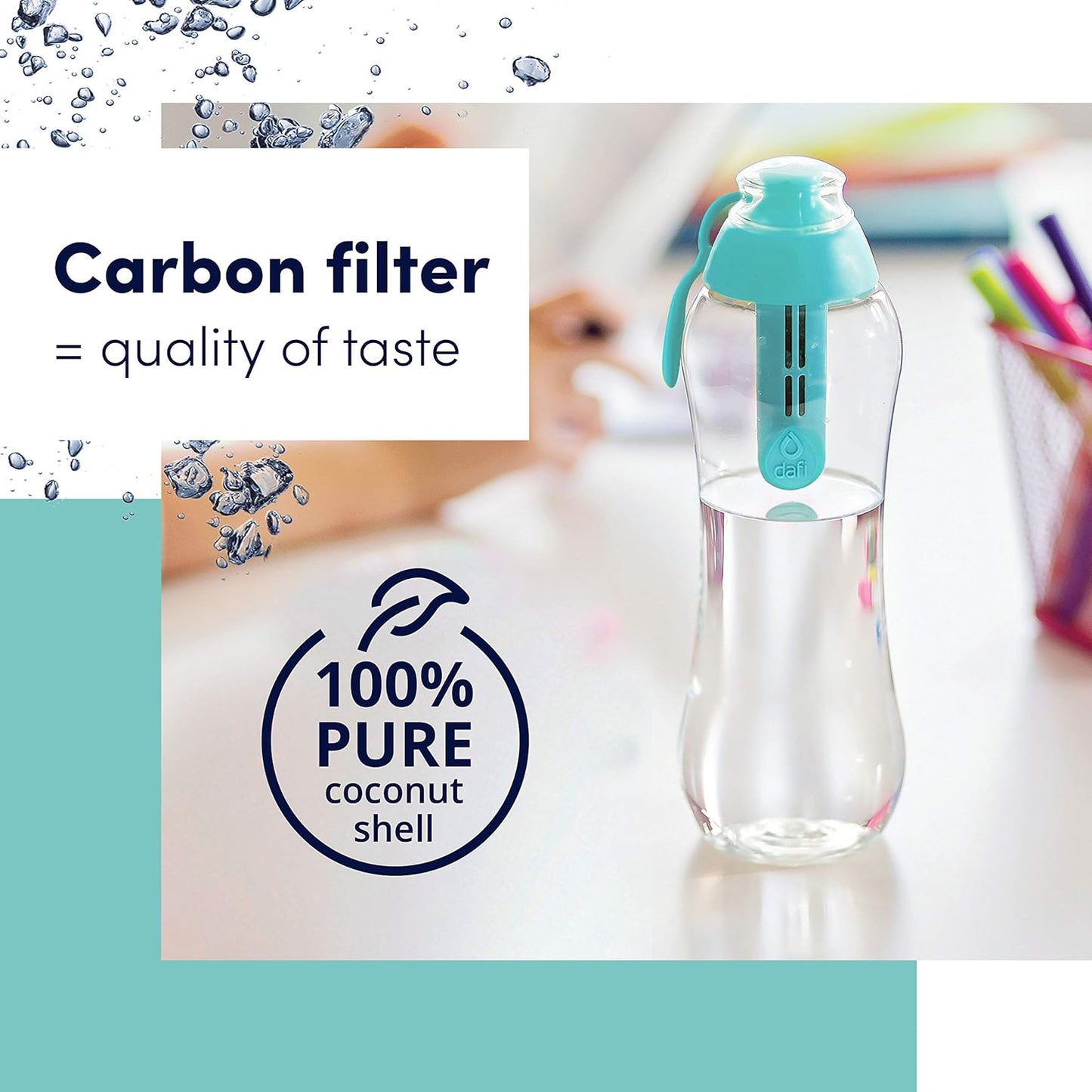 Dafi Soft Filtertrinkflasche 0,3 l – Kinder, Mint/Türkis, mit Strohhalm